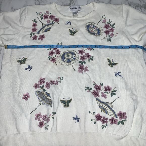 Vintage Alfred Dunner Floral Butterflies White Embroidered Bead Knit Top Size L - Picture 10 of 12